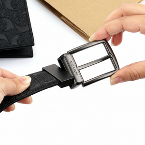 Close up of Coach reversible belt buckle mechanism gunmetal finish for men