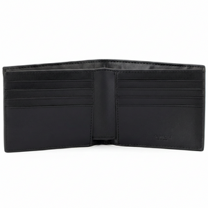 Interior view of Coach mens black leather wallet with logo stamp and card slots
