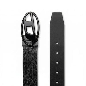 Black leather belt with a Diesel logo buckle on a white background