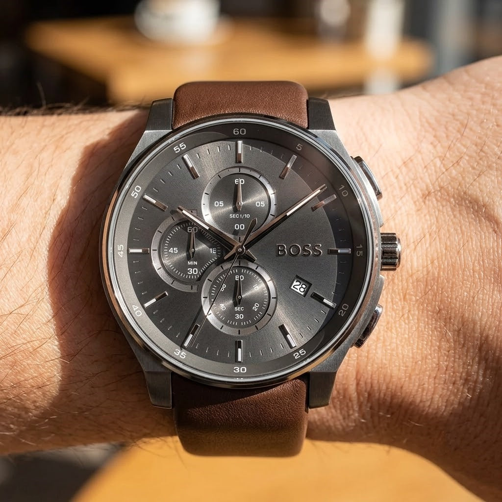 Hugo Boss Peak 1514187 Chronograph Men's Watch - Gray Dial Brown Genuine Leather Strap