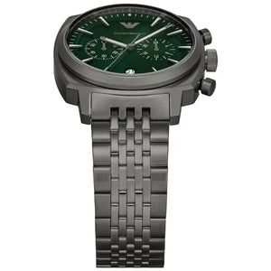 Side profile of Emporio Armani Carlo AR11689 men's quartz battery watch showing 11mm thickness and gunmetal grey finish