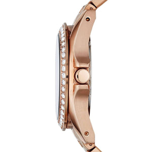 Side view photo of Fossil Riley ES2811 showing case thickness and rose gold strap connection