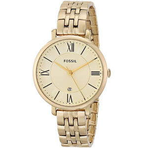 Angled real-life photo of Fossil ES3434 showing the slim gold case and metal strap