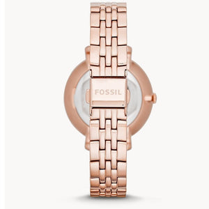 Photo of the rose gold deployment clasp on the metal strap of Fossil ES3435