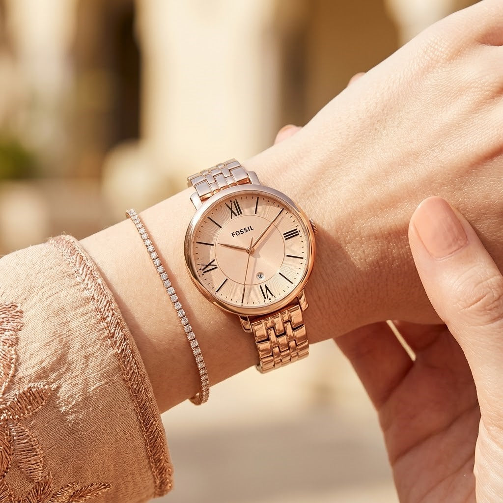 Close up shot of Fossil ES3435 on wrist showing rose gold dial and roman numerals