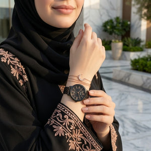 Lifestyle photo of Fossil Jacqueline ES3614 showing the watch on a woman's wrist with black bracelet