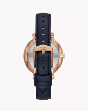 Photo of the rose gold-tone stainless steel buckle on the blue leather strap of Fossil Carlie Mini ES4673