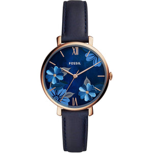 Authentic real-life photo of Fossil Carlie Mini ES4673 showing actual navy leather and rose gold floral dial