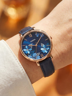 Close up shot of Fossil Carlie Mini ES4673 on wrist showing the beautiful 3D floral patterns on the dial