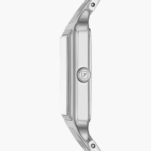 Angled real-life photo of Fossil Raquel ES5221 showing the rectangular silver case and link strap
