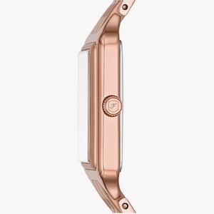 Angled real-life photo of Fossil Raquel ES5271 showing the rectangular rose gold case and link strap
