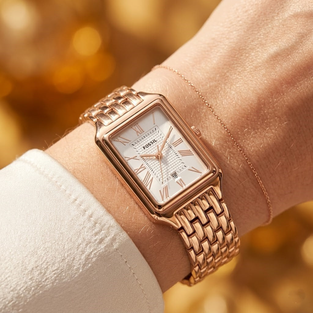 Close up shot of Fossil Raquel ES5271 on wrist showing rectangular rose gold case and white dial