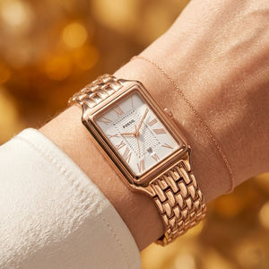 Close up shot of Fossil Raquel ES5271 on wrist showing rectangular rose gold case and white dial