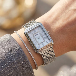 Fossil Raquel ES5306 on wrist showing rectangular case and crystal inner frame