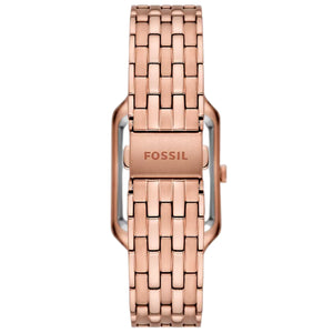 Photo of the rose gold deployment clasp on the metal strap of Fossil Raquel ES5323