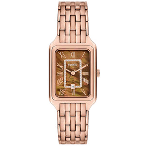 Authentic real-life photo of Fossil Raquel ES5323 showing actual rose gold finish and brown mother of pearl dial