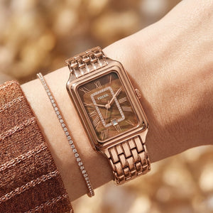 Close up shot of Fossil Raquel ES5323 on wrist showing rectangular case and crystal inner frame