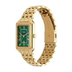 Angled real-life photo of Fossil Raquel ES5341 showing the rectangular gold case and link strap