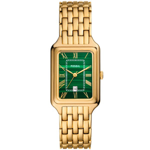 Authentic real-life photo of Fossil Raquel ES5341 showing actual gold shine and green textured dial