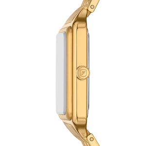 Side view photo of Fossil Raquel ES5341 showing case thickness and gold strap connection