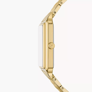 Side view photo of Fossil Raquel ES5398 showing the case thickness and gold bracelet connection