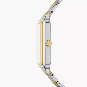 Side view photo of Fossil Raquel ES5399 showing the thickness and two-tone bracelet connection