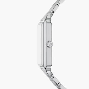 Side view photo of Fossil Raquel ES5400 showing the case thickness and silver bracelet connection