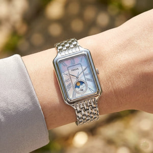 Close up shot of Fossil Raquel ES5400 on wrist showing the crystal sun and moon indicator