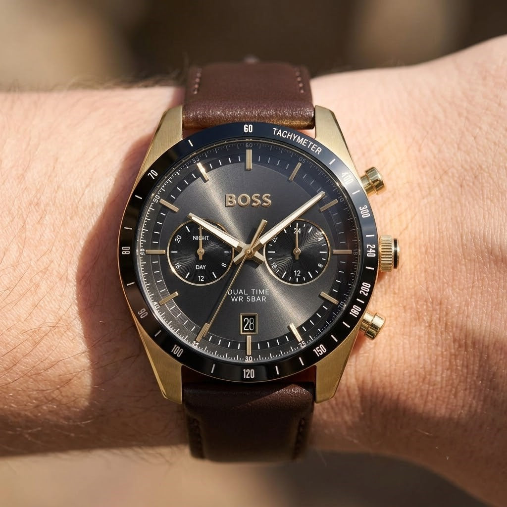 Hugo Boss Tourmaster 1514285 Dual Time Men's Watch - Black Dial Brown Genuine Leather Strap