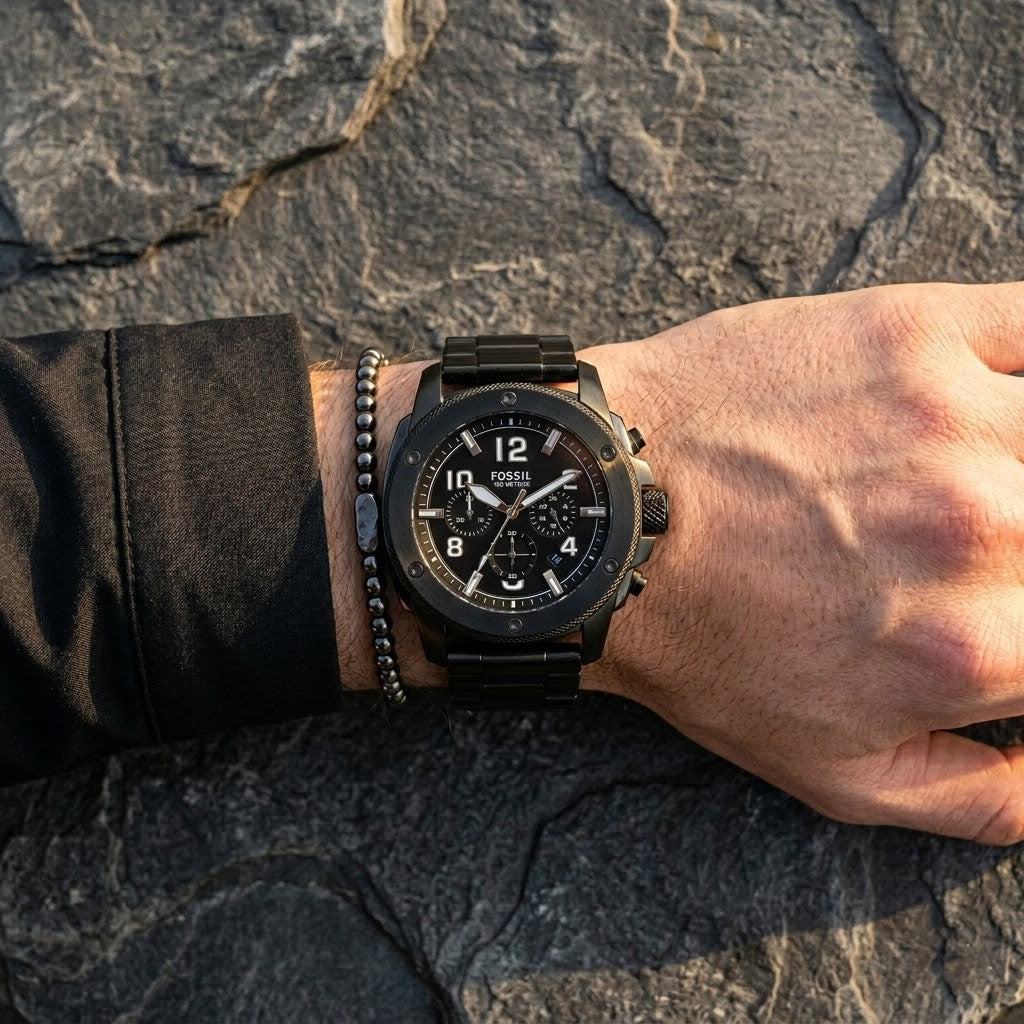 Close up shot of Fossil FS4927 on wrist showing black chronograph dial and silver details