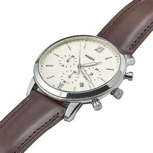 Fossil Neutra FS5380 silver chronograph watch with silver dial and brown leather strap - Perspective side view - 05