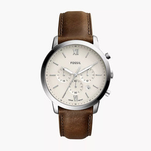 Fossil Neutra FS5380 silver chronograph watch with silver dial and brown leather strap - Authentic real-life photo - 01