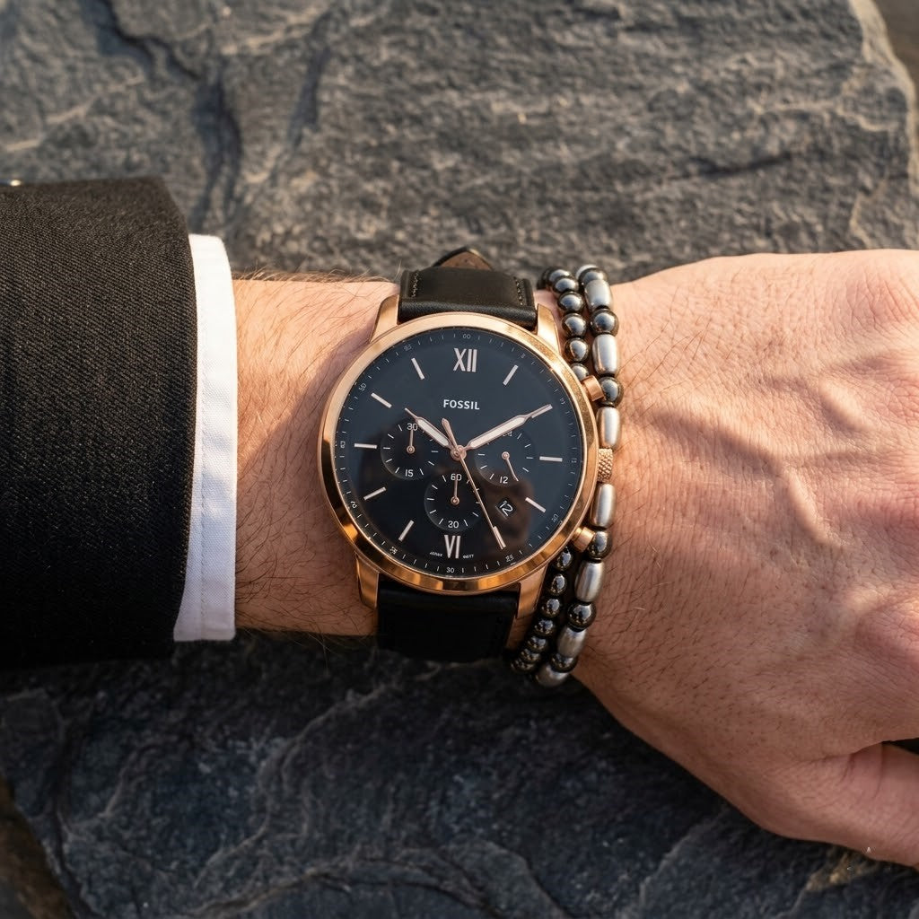 Close up shot of Fossil FS5381 on wrist showing black chronograph dial and silver details