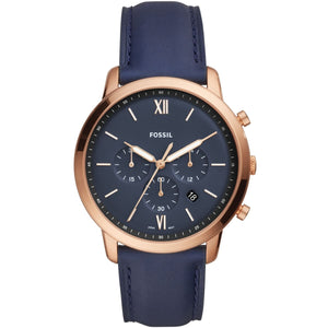 Fossil Neutra FS5454 silver and blue chronograph watch with blue leather strap - Authentic real-life photo - 01