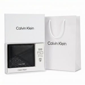 Full presentation of the Calvin Klein mirror original smooth black leather bifold wallet with custom gift box and shopping bag