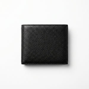 Full back panel product photography of the Calvin Klein pebbled black genuine leather wallet displaying clean stitched edges