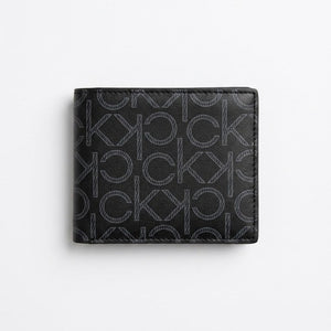 Full back view product photography of the Calvin Klein genuine leather bi-fold wallet displaying the seamless grey printed ck monogram design