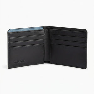 Internal layout view of the Calvin Klein leather bi-fold wallet showing multiple card slots, embossed branding, and minimalist black leather pockets