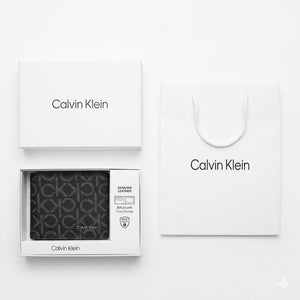 Full presentation of the Calvin Klein mirror original grey monogram printed leather wallet set with original white gift box and shopping bag