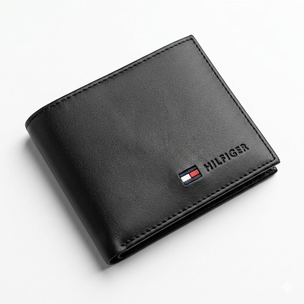 Professional angled studio photograph of the sleek Tommy Hilfiger mirror original smooth black leather bi-fold wallet