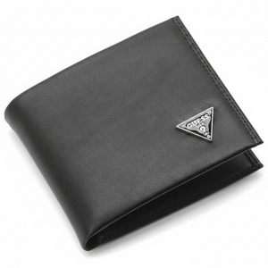 Close-up angled view of a Guess men's black smooth leather wallet highlighting the premium finish and the iconic silver metal triangle Guess USA logo
