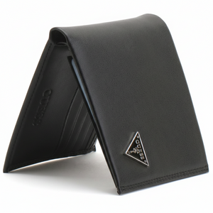Perspective view of a standing Guess men's black smooth leather bifold wallet highlighting the premium finish and the silver metal triangle logo