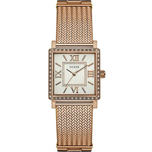 Guess Chelsea W0826L3 ladies watch with square rose gold case, crystal bezel and mesh bracelet