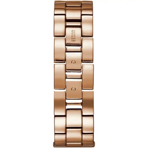 Rose gold tone stainless steel sliding clasp with Guess logo on the mesh bracelet of the W0826L3