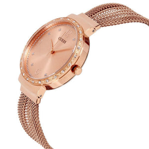 Left side perspective of the Guess Chiffon W1083L3 rose gold dial and crown