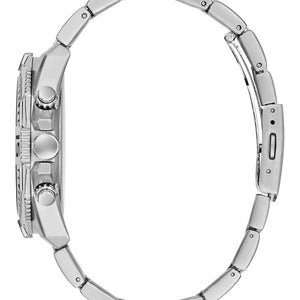 Side profile view of the 11mm thick silver stainless steel case of the Guess Commander watch