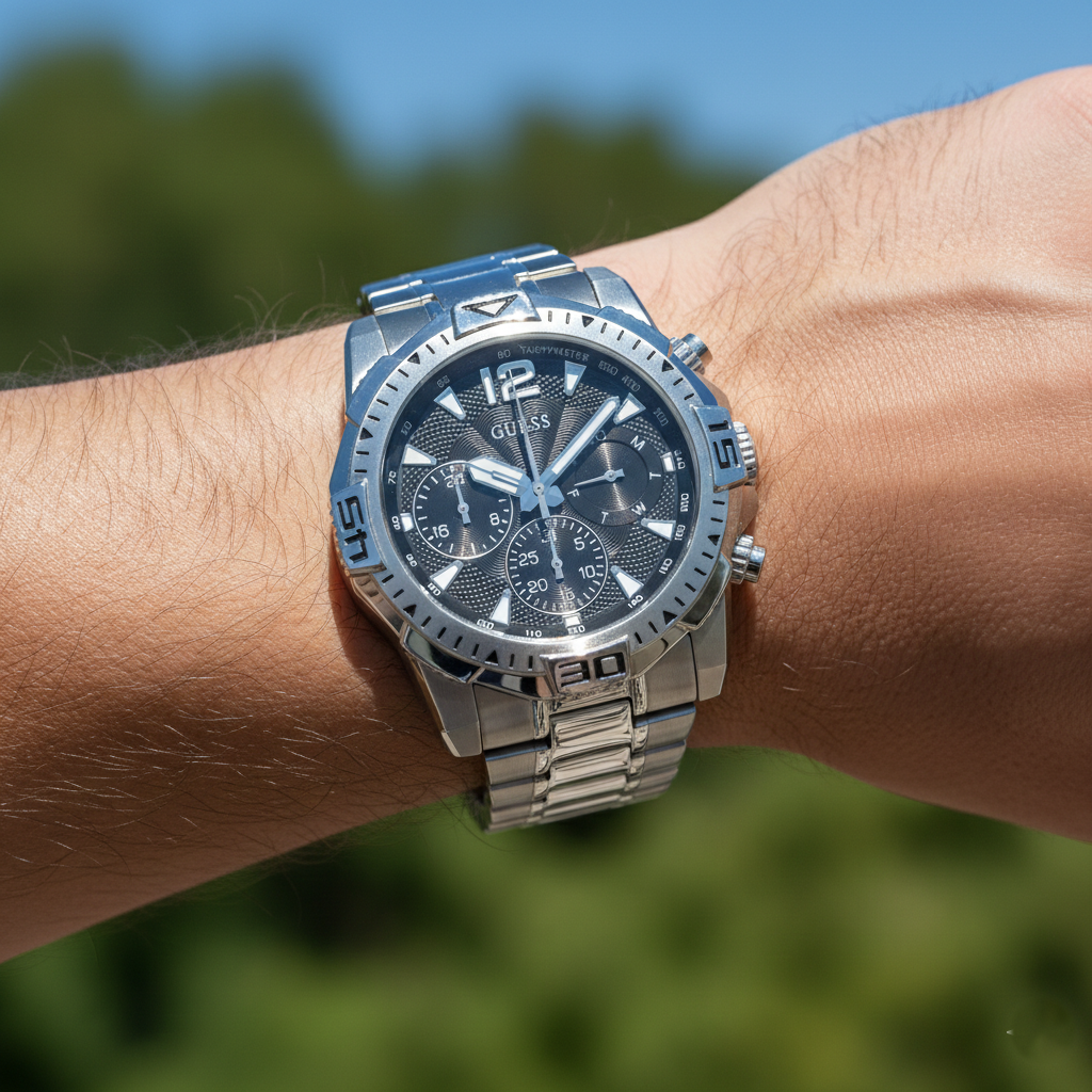 Close up shot of Guess Commander GW0056G1 watch on wrist showing the black chronograph look dial