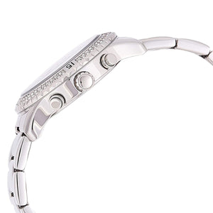 Left side perspective of the Guess Confetti W0774L7 red glitter dial and silver crown