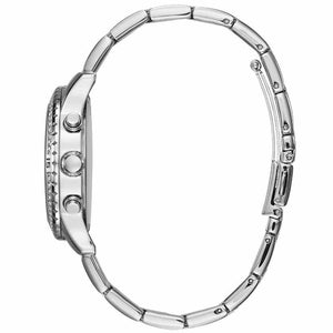 Side profile view of the 11mm thick silver stainless steel case of the Guess Confetti watch