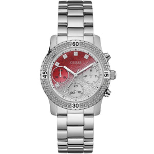 Guess Confetti W0774L7 ladies watch with silver case, crystal bezel, and red to silver gradient glitter dial